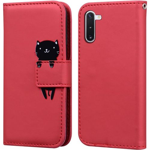 Coque Pour Samsung Galaxy Note10 Clapet Samsung Note10 Housse De Portefeuille Chat Dessin Anim Etui  Rabat En Cuir Flip Case Avec Emplacement Carte Et Fonction Support Rouge