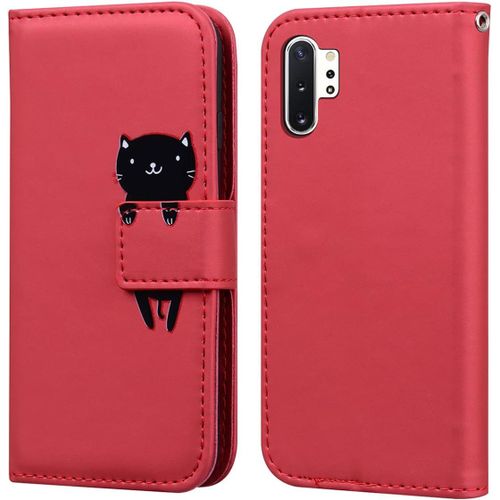 Coque Pour Samsung Galaxy Note10+Clapet Samsung Note10 Plus Housse De Portefeuille Chat Dessin Anim Etui  Rabat En Cuir Flip Case Avec Emplacement Carte Et Fonction Support Rouge