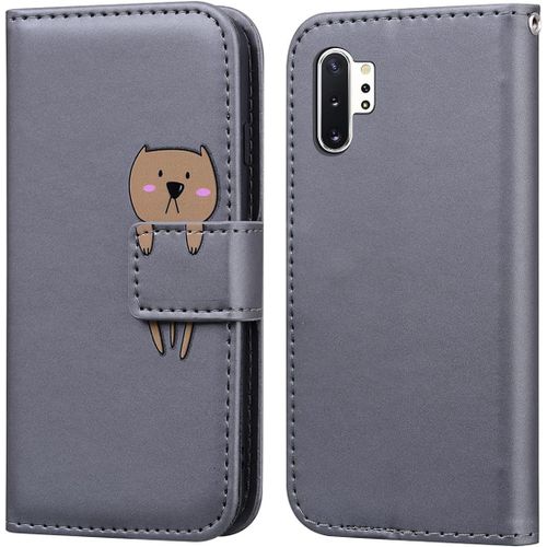 Coque Pour Samsung Galaxy Note10+Clapet Samsung Note10 Plus Housse De Portefeuille Ours Dessin Anim Etui  Rabat En Cuir Flip Case Avec Emplacement Carte Et Fonction Support Gris