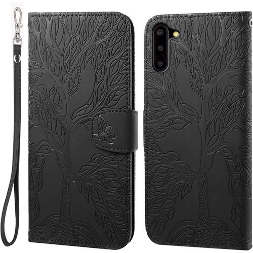 Coque Pour Samsung Galaxy Note10 Rabat,Relief Arbre De Vie Cuir/Antichoc Flip Cover Case,Housse Clapet,Portefeuille Etui Avec Fonction Support Et Porte-Carte.Noir