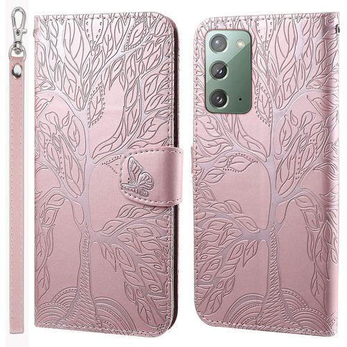Coque Pour Samsung Galaxy Note20 Rabat,Relief Arbre De Vie Cuir/Antichoc Flip Cover Case,Housse Clapet,Portefeuille Etui Avec Fonction Support Et Porte-Carte.Rose
