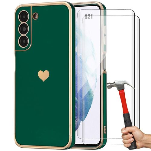 Coque Pour Samsung Galaxy S21 - Vert Nuit Motif CUr + 2 Verres Tremps Antichoc Anti-Rayure - E.F.Connection