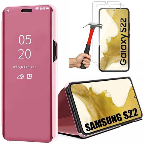 Coque Pour Samsung Galaxy S22 + 2 Verres Tremps Effet Miroir Anti-Choc Smart Case Rose - E.F.Connection