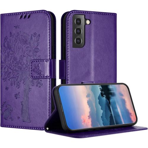 Coque Pour Samsung Galaxy S22, Coque Portefeuille Housse Cuir Avec Porte Cartes Et Bequille Fermeture Magnetique Etui Pour Samsung S22 - Violet D'encre