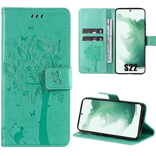 Coque Pour Samsung Galaxy S22, Motif Arbre Papillon Fleur Elgant Portefeuille Effet Cuir Vert - Booling