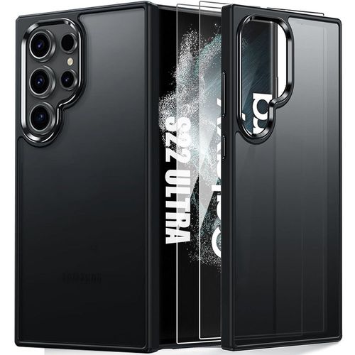 Coque Pour Samsung Galaxy S22 Ultra Avec 2 Verres Tremps, Antichoc Silicone Noir + Dos Pc Translucide - E.F.Connection