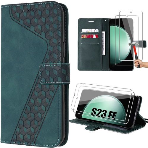 Coque Pour Samsung Galaxy S23 Fe Avec 2 Verres Tremps, Emboss En Cuir Pu Avec Poche  Cartes Et Support - Vert (Pas Pour S23) - E.F.Connection