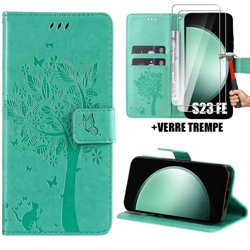 Coque Pour Samsung Galaxy S23 Fe, Flip Case Cuir Synthtique Vert Elgant En Motif Fleur Arbre + 2 Verres Tremps (Pas Pour S23) - Booling