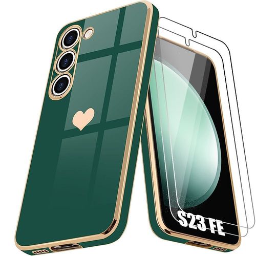 Coque Pour Samsung Galaxy S23 Fe (Pas Pour S23), Vert Nuit, Antichoc En Silicone Hybride, Motif CUr Plaqu Or + 2 Verres Tremps - Booling