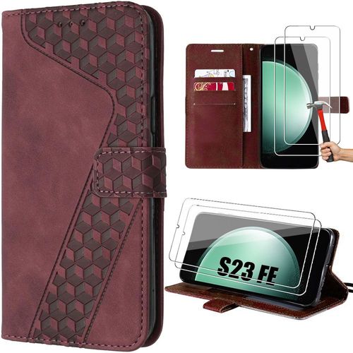 Coque Pour Samsung Galaxy S23 Fe, Rouge, Effet Cuir Motif De Cube Avec Poche  Cartes Et Bquille + 2 Verres Tremps (Pas Pour S23) - E.F.Connection