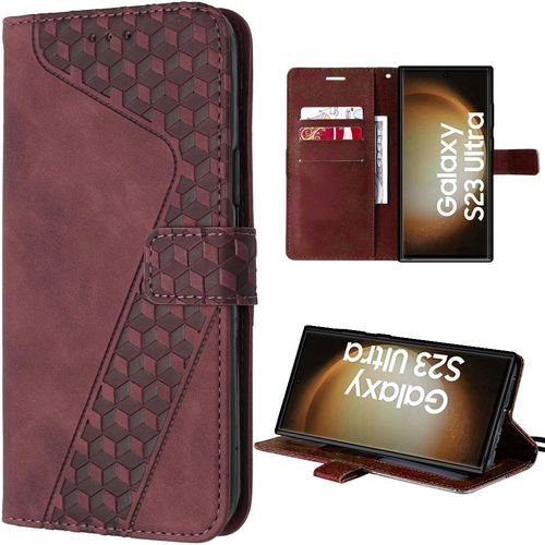 Coque Pour Samsung Galaxy S23 Ultra, Motif De Cube Embosse En Cuir Pu Avec Poche  Cartes Et Support - Rouge- (Pas Pour S23) - E.F.Connection