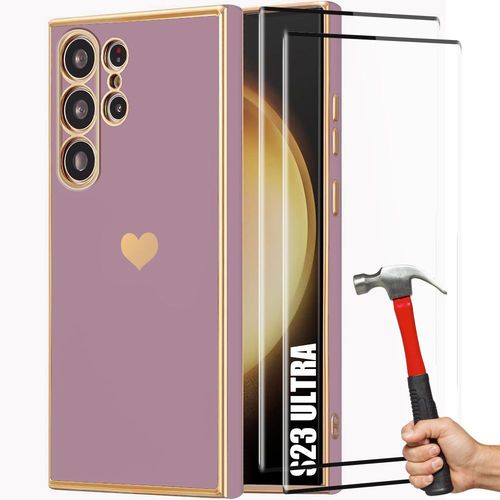 Coque Pour Samsung Galaxy S23 Ultra - Violet - Antichoc En Tpu, Motif De CUr Plaqu Or + 2 Verres Tremps - E.F.Connection