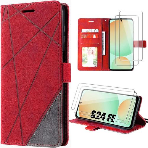 Coque Pour Samsung Galaxy S24 Fe (Pas Pour S24) Avec 2 Verres Tremps, Cuir Synthtique Intgral Rouge - E.F.Connection
