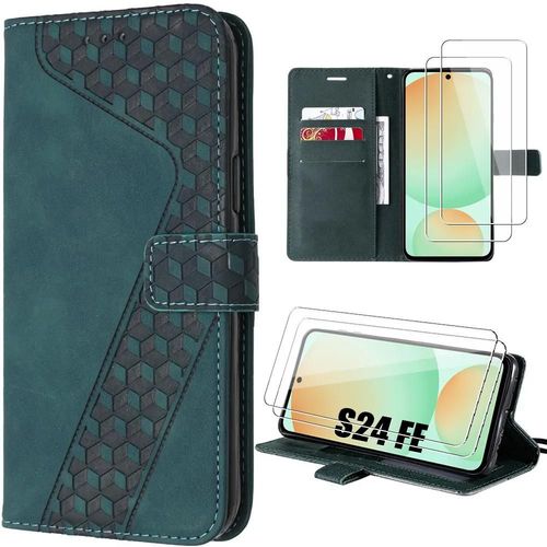 Coque Pour Samsung Galaxy S24 Fe (Pas Pour S24) Avec 2 Verres Tremps, Synthcuir Avec Fentes Pour Carte - Vert Nuit - E.F.Connection