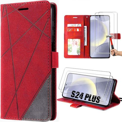 Coque Pour Samsung Galaxy S24 Plus (S24+) Avec 2 Verres Tremps - Coque Effet Cuir lgant Rouge - E.F.Connection
