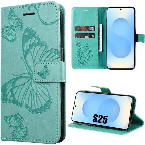 Coque Pour Samsung Galaxy S25 - Flip Case Antichoc Cuir Synthtique Motif Papillon - Vert - E.F.Connection