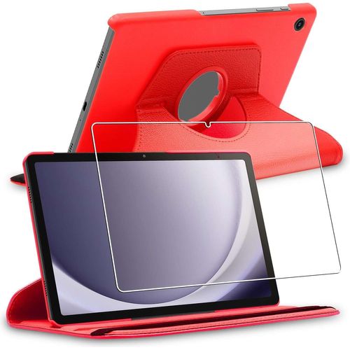 Coque Pour Samsung Galaxy Tab A9+ (2023) Sm-X210, Etui Rotatif 360, Housse Protection Pu Cuir, Rouge + Verre Tremp