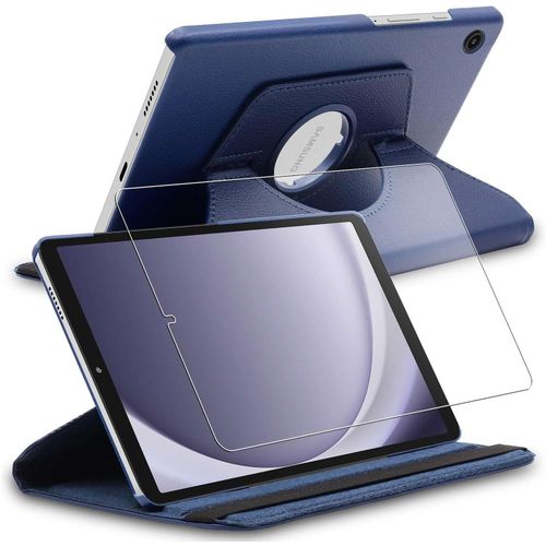Coque Pour Samsung Galaxy Tab A9 8.7 (2023) Sm-X110, Etui Rotatif 360, Housse Protection Pu Cuir, Bleu Fonc + Verre Tremp