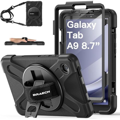 Coque Pour Samsung Galaxy Tab A9 8.7 Pouces 2023, tui De Robuste Avec Film Protection, Support Rotatif  360Et Dragonne, Bandoulire, Rsistant Housse Pour Sm-X110/Sm-X115/Sm-X117, Noir