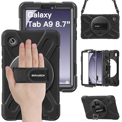 Coque Pour Samsung Galaxy Tab A9 8.7 Pouces 2023, tui De Robuste Avec Support Rotatif  360Et Dragonne, Bandoulire, Porte-Stylet, Rsistant Housse Pour Sm-X110/Sm-X115/Sm-X117, Noir
