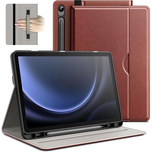 Coque Pour Samsung Galaxy Tab S10 Fe / S9 Fe 10,9 Pouces Avec S Pen Porte-Stylet, Housse tui Cuir Pu Entreprise Folio Support Tablette Avec Poche & Sangles (Brun)