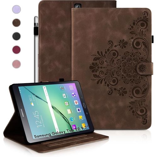 Coque Pour Samsung Galaxy Tab S2 9.7 (2015), tuis De Protection Rtro Tab S2 9.7 T810/T813 De Couleur Unie, Style Gaufr, Conception  Boucle Magntique, Fonction Support, Marron.[F5492]