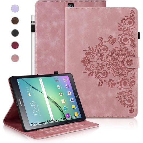 Coque Pour Samsung Galaxy Tab S2 9.7 (2015), tuis De Protection Rtro Tab S2 9.7 T810/T813 De Couleur Unie, Style Gaufr, Conception  Boucle Magntique, Fonction Support, Rose.[F5488]