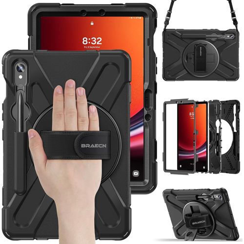 Coque Pour Samsung Galaxy Tab S9 Fe/Tab S9/Tab S8/Tab S7 (Sm-X510/X516/X518/X710/X700/T870), tui De Robuste Avec Support Rotatif  360Et Dragonne, Bandoulire, Porte-Stylet, Noir