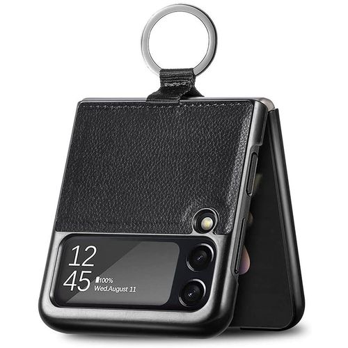 Coque Pour Samsung Galaxy Z Flip 3 5g (Z Flip3 5g), Finition Premium Cuir Trs Mince Antichoc Rsistant Aux Rayures Case, Tpu/Pc Mode Housse tui Avec Ruban Et 360 Degrs Bague - Noir