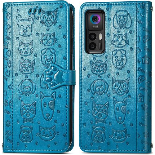 Coque Pour Tcl 30 Plus/Tcl 30 5g, Antichoc Portefeuille Etui Housse En Cuir A Rabat Avec Porte Carte, Chiusura Magnetica [Motif De Chat Chien] Flip Cover Case Pour Tcl 30 Plus, Bleu