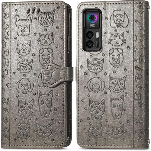 Coque Pour Tcl 30 Plus/Tcl 30 5g, Antichoc Portefeuille Etui Housse En Cuir A Rabat Avec Porte Carte, Chiusura Magnetica [Motif De Chat Chien] Flip Cover Case Pour Tcl 30 Plus, Gris