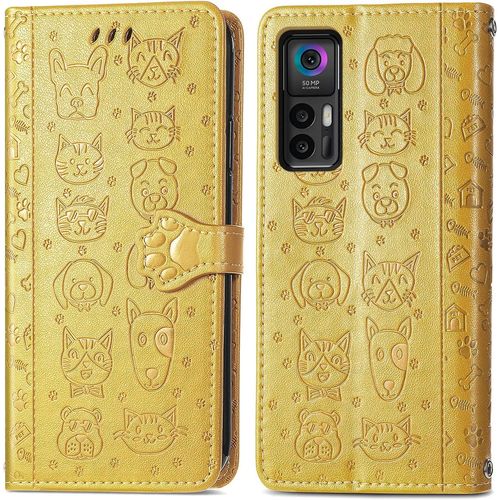 Coque Pour Tcl 30 Plus/Tcl 30 5g, Antichoc Portefeuille Etui Housse En Cuir A Rabat Avec Porte Carte, Chiusura Magnetica [Motif De Chat Chien] Flip Cover Case Pour Tcl 30 Plus, Jaune
