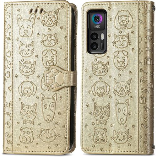 Coque Pour Tcl 30 Plus/Tcl 30 5g, Antichoc Portefeuille Etui Housse En Cuir A Rabat Avec Porte Carte, Chiusura Magnetica [Motif De Chat Chien] Flip Cover Case Pour Tcl 30 Plus, Or