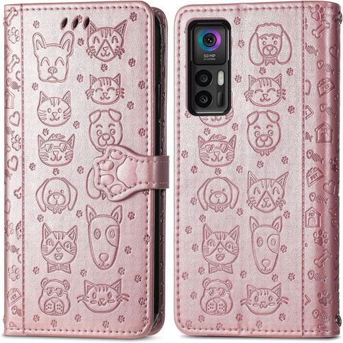 Coque Pour Tcl 30 Plus/Tcl 30 5g, Antichoc Portefeuille Etui Housse En Cuir A Rabat Avec Porte Carte, Chiusura Magnetica [Motif De Chat Chien] Flip Cover Case Pour Tcl 30 Plus, Or Rose