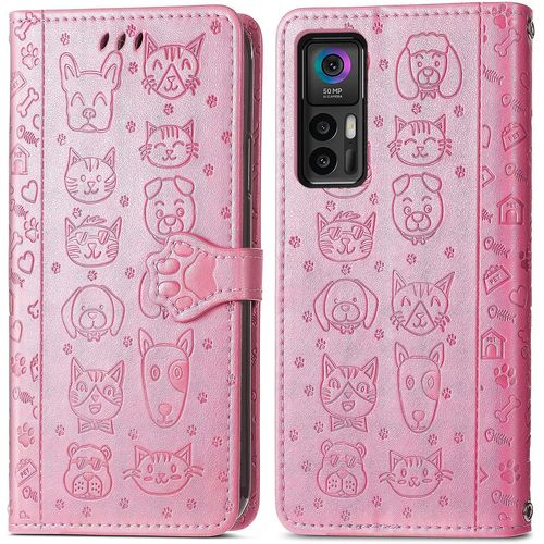 Coque Pour Tcl 30 Plus/Tcl 30 5g, Antichoc Portefeuille Etui Housse En Cuir A Rabat Avec Porte Carte, Chiusura Magnetica [Motif De Chat Chien] Flip Cover Case Pour Tcl 30 Plus, Rose