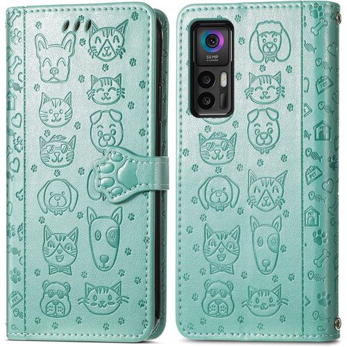 Coque Pour Tcl 30 Plus/Tcl 30 5g, Antichoc Portefeuille Etui Housse En Cuir A Rabat Avec Porte Carte, Chiusura Magnetica [Motif De Chat Chien] Flip Cover Case Pour Tcl 30 Plus, Vert