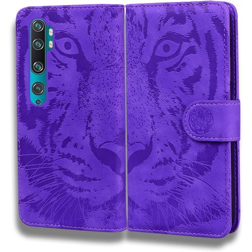 Coque Pour Xiaomi Mi Cc9 Pro Cuir Flip Wallet Cover Portefeuille tui Housse En Cuir  Rabat Avec Porte Carte Pour Xiaomi Mi Cc9 Pro/Xiaomi Mi Note 10 Coque Tiger Embossed Purple