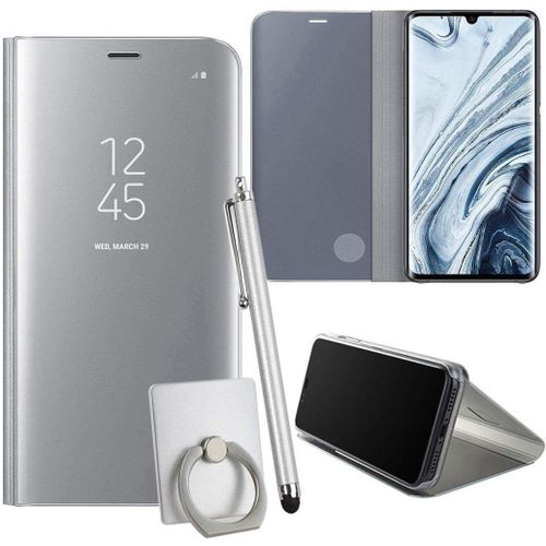Coque Pour Xiaomi Mi Note 10 / Note 10 Pro Smartphone Clear View Case Placage Miroir Effet Coque  Rabat Pu Cuir Anti Choc Housse Avec Fonction De Support - Argent