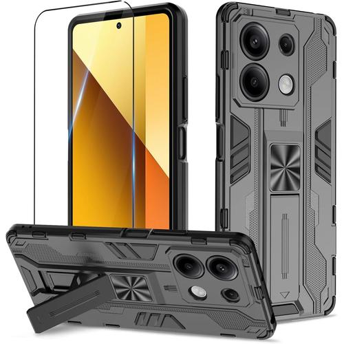 Coque Pour Xiaomi Note 13 5g Avec Verre Tremp, Outdoor Antichoc De Qualit Militaire Coque Avec Bquille Anti Rayure, Compatible Support De Voiture Magntique - Noir