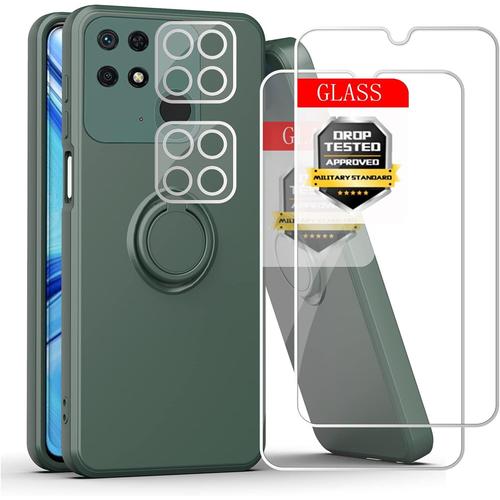 Coque Pour Xiaomi Redmi 10c, Coque De Protection En Silicone Avec 2 Films De Protection D'cran + 2 Films Pour Appareil Photo, Support Magntique Voiture Anneau Support, Coque Pour Xiaomi Redmi 10c 6,71'', Vert