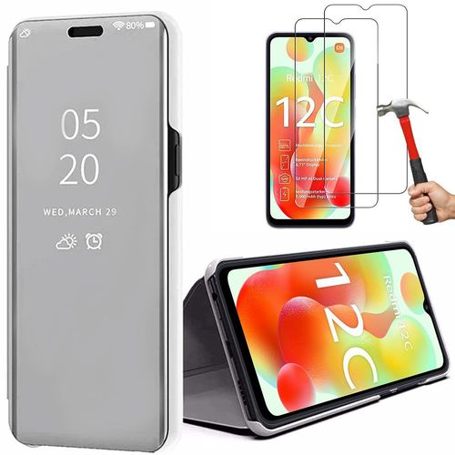 Coque Pour Xiaomi Redmi 12c / 11a + 2 Verres Tremps, Coque Effet Miroir Fentre Tanslucide Argent - E.F.Connection