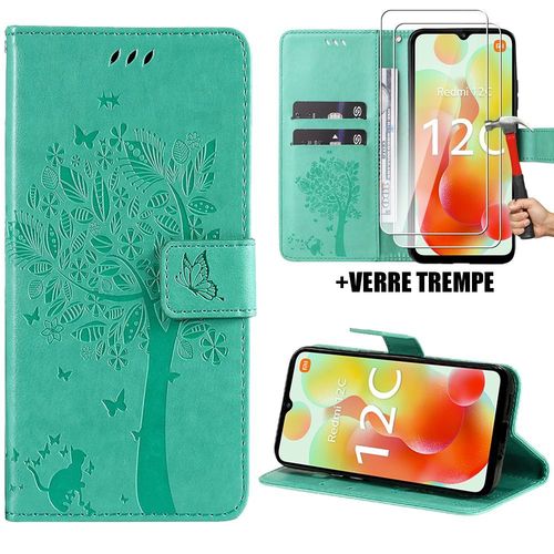 Coque Pour Xiaomi Redmi 12c / 11a, Motif Fleur Arbre Portefeuille Effet Cuir Vert Anti-Rayures + 2 Vitres Verre Tremp 9h - Booling