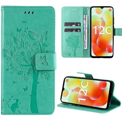 Coque Pour Xiaomi Redmi 12c / 11a, Motif Fleur Arbre Portefeuille Effet Cuir Vert Anti-Rayures - Booling