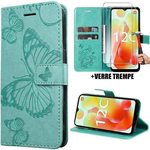 Coque Pour Xiaomi Redmi 12c / 11a, Protection Anti-Rayures Motif Papillon Effet Cuir Vert + 2 Verres Tremps - Booling