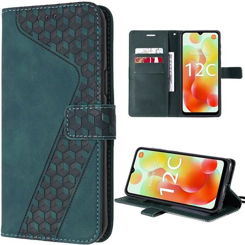 Coque Pour Xiaomi Redmi 12c/11a, Vert, Etui En Cuir Pu Et Tpu Avec Poche  Cartes Et Bquille Rglable, Design Gomtrique - E.F.Connection