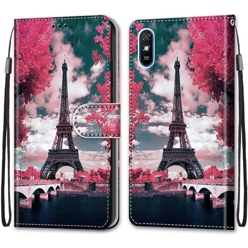Coque Pour Xiaomi Redmi 9a Kantas Housse Cuir Portefeuille Etui  Rabat Modle Tour Eiffel Folio Pochette Fonction Support Magntique De Fermeture Portables Pour Xiaomi Redmi 9a