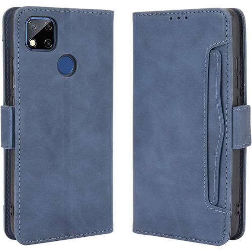 Coque Pour Xiaomi Redmi 9c tui  Rabat En Cuir Pu Portefeuille Housse Simili Cuir Flip Cover Magntique Anti Choc Avec Fonction Stand Etuis Compatible Avec Xiaomi Redmi 9c Bleu