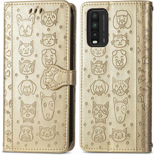 Coque Pour Xiaomi Redmi 9t, Antichoc Housse tui En Cuir Pu Flip Case Portefeuille Avec Motif De Chat De Dessin Anim Porte Carte Fermeture Magntique Pour Xiaomi Redmi 9t, Or