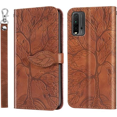 Coque Pour Xiaomi Redmi 9t, Folio Cuir Pu Boucle Magntique Feuille Flip Case Portefeuille Tlphone tui Phone Cover Protection Housse Xiaomi Redmi 9t, Arbre De Vie Brun