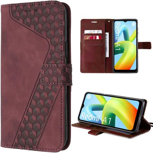 Coque Pour Xiaomi Redmi A1/A2, Rouge, Etui Effet Cuir Avec Fentes Pour Cartes Et Bquille Rglable, Motif  Carreaux - E.F.Connection